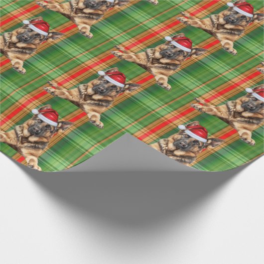 German Shepherd Dog Red Green Plaid Christmas Cadeaupapier (Hoek)