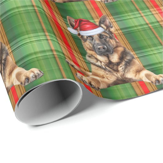 German Shepherd Dog Red Green Plaid Christmas Cadeaupapier (Rol Hoek)