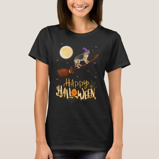 German Shepherd Dog Ride Witch Shotgun Halloween T-shirt (Voorkant)