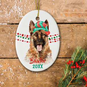 German Shepherd Dog Santa Hat Holiday String Beads Keramisch Ornament