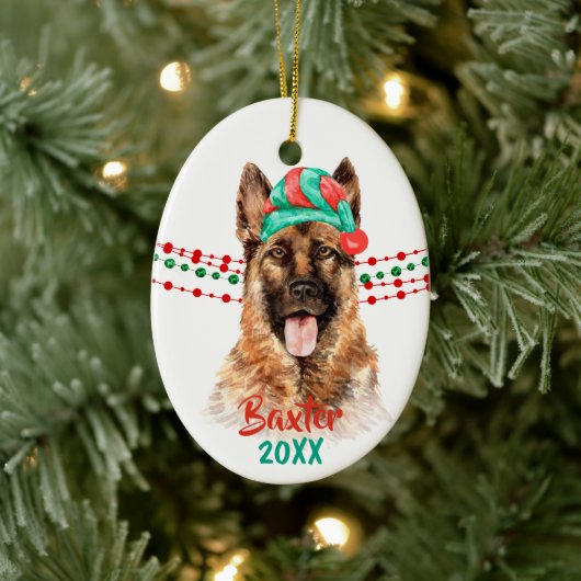 German Shepherd Dog Santa Hat Holiday String Beads Keramisch Ornament (Boom)