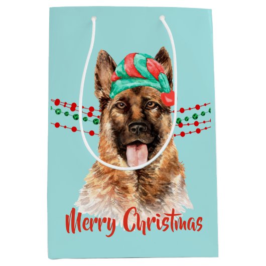 German Shepherd Dog Santa Hat Holiday String Beads Medium Cadeauzakje (Voorkant)