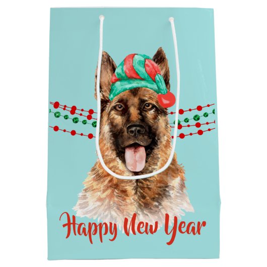 German Shepherd Dog Santa Hat Holiday String Beads Medium Cadeauzakje (Achterkant)