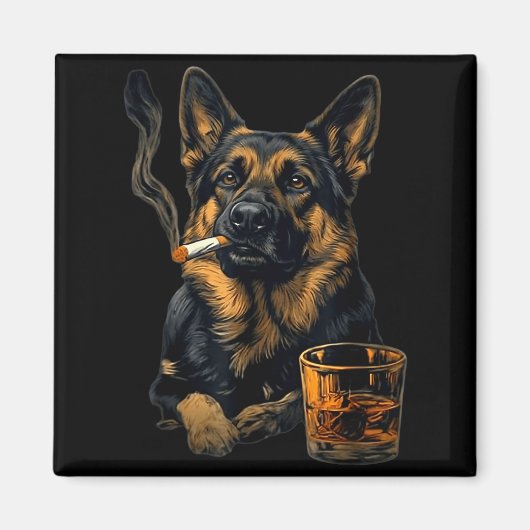 German Shepherd Dog Smoking Cigarette Whisky Lover Magneet (Voorkant)