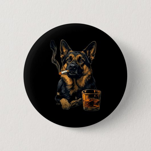 German Shepherd Dog Smoking Cigarette Whisky Lover Ronde Button 5,7 Cm (Voorkant)