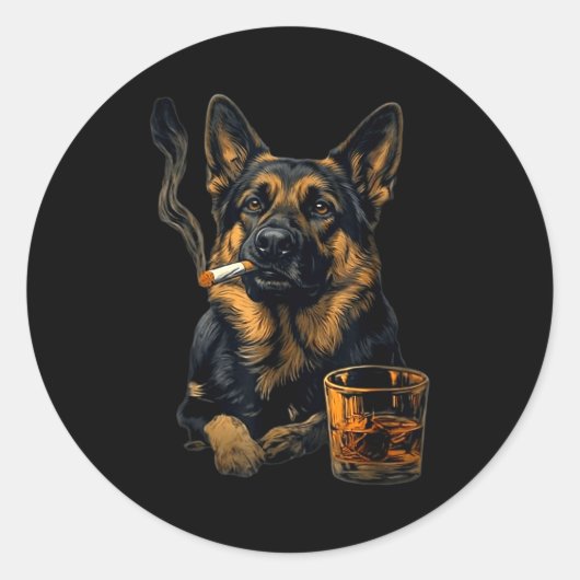 German Shepherd Dog Smoking Cigarette Whisky Lover Ronde Sticker (Voorkant)