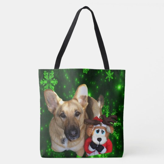 German Shepherd Dog Speelgoed Reindeer Green Snowf Tote Bag (Voorkant)