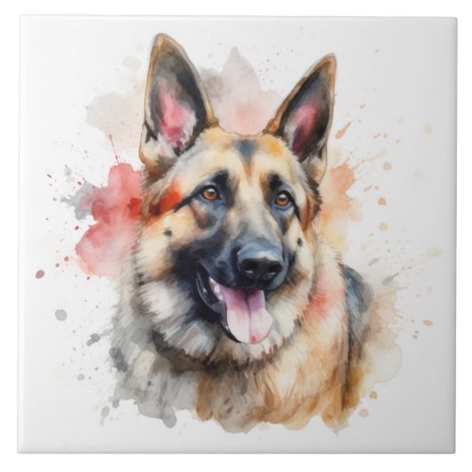 German Shepherd Dog, Waterverf Art Tegeltje (Voorkant)