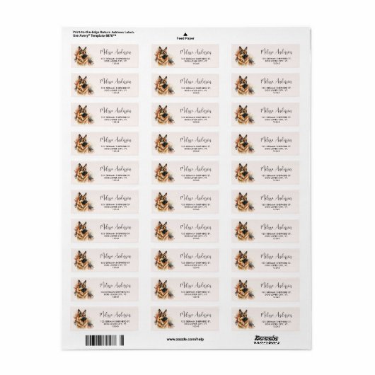German Shepherd Dog Waterverf Return Address Etiket (Full Sheet)