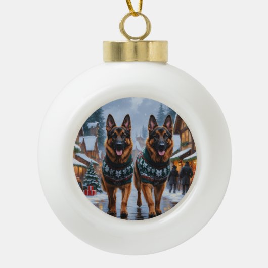 German Shepherd Dogs Christmas Snow Holiday Keramische Bal Ornament (Voorkant)