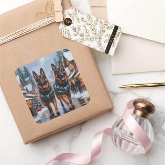 German Shepherd Dogs Christmas Snow Holiday Vierkante Sticker (Geschenken)