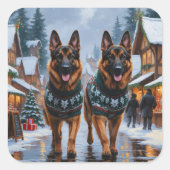 German Shepherd Dogs Christmas Snow Holiday Vierkante Sticker (Voorkant)