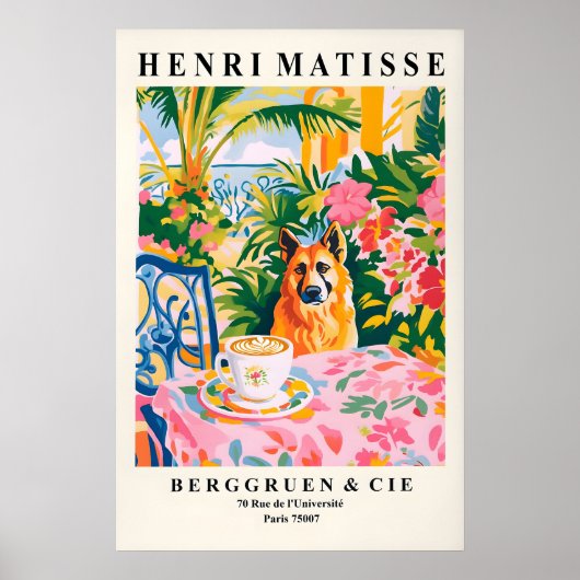 German Shepherd Dronking Coffee Art Print Matisse (Voorkant)