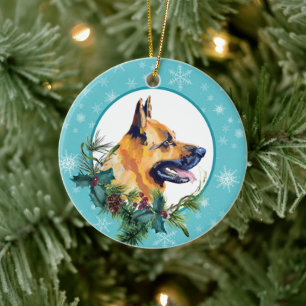 German Shepherd Evergreen Blue Snowflake Border Keramisch Ornament