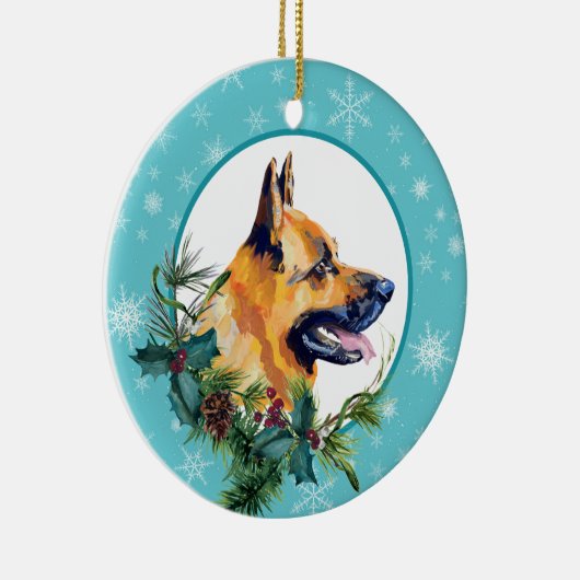 German Shepherd Evergreen Blue Snowflake Border Keramisch Ornament (Rechts)