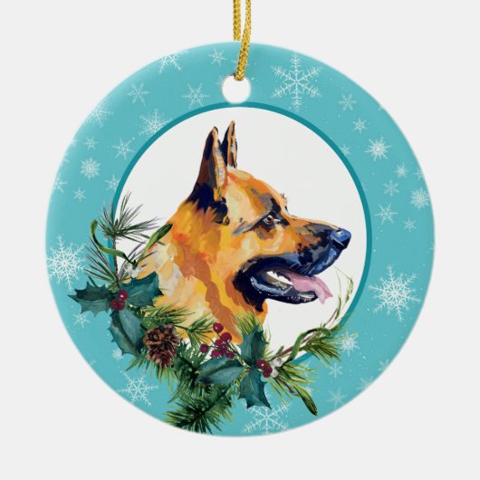German Shepherd Evergreen Blue Snowflake Border Keramisch Ornament (Voorkant)