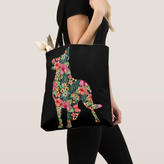 German Shepherd Flower Funny Dog Silhouette Floral Tote Bag (Dichtbij)