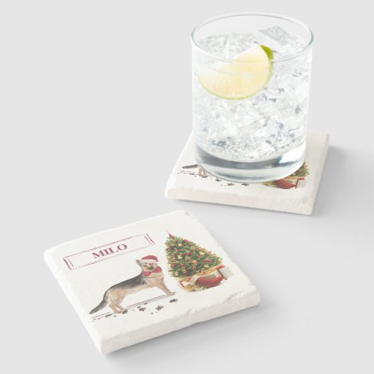 German Shepherd Funny kersthond met boom Stenen Onderzetter (Zijkant)