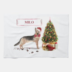 German Shepherd Funny kersthond met boom Theedoek