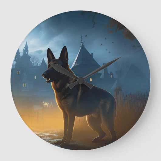 German Shepherd Halloween Scary Grote Klok (Voorkant)