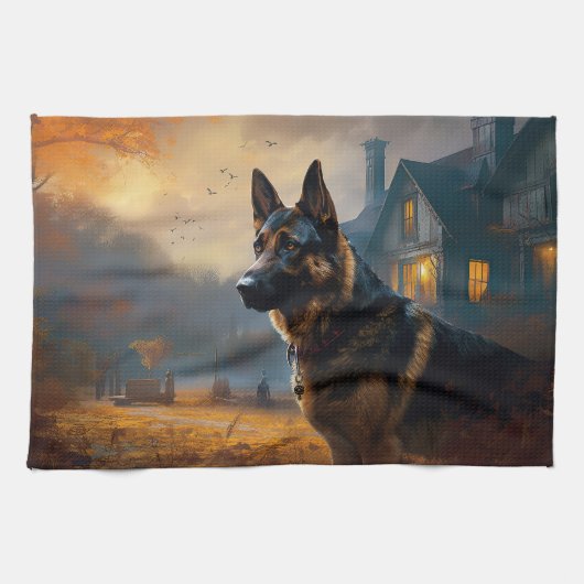 German Shepherd Halloween Scary Theedoek (Horizontaal)