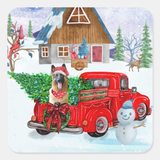German Shepherd in Kerstmis Delivery Truck Snow Vierkante Sticker (Voorkant)