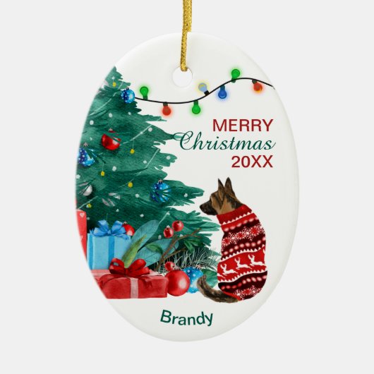 German Shepherd in Winter Sweater Holiday Tree Keramisch Ornament (Voorkant)