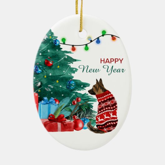German Shepherd in Winter Sweater Holiday Tree Keramisch Ornament (Achterkant)