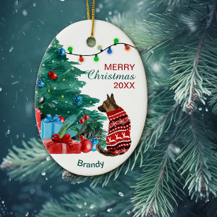 German Shepherd in Winter Sweater Holiday Tree Keramisch Ornament