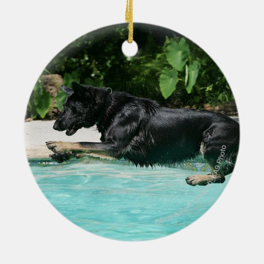 German Shepherd Jumping in Water Keramisch Ornament (Achterkant)