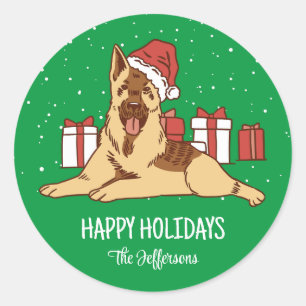 German Shepherd Kersthond Snowy Winter Holiday Ronde Sticker