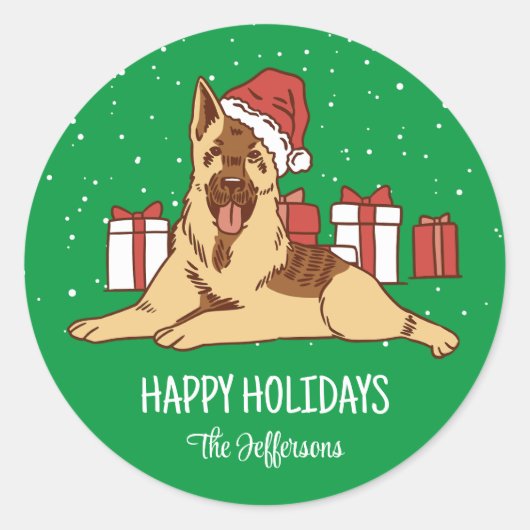 German Shepherd Kersthond Snowy Winter Holiday Ronde Sticker (Voorkant)