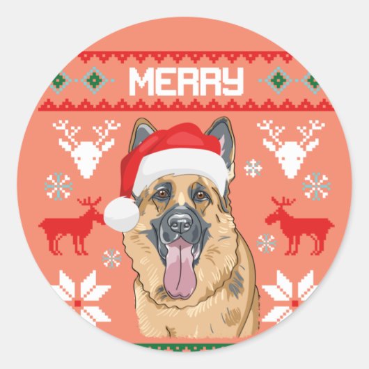 German Shepherd Merry Woofmas Sweatshirt Ronde Sticker (Voorkant)