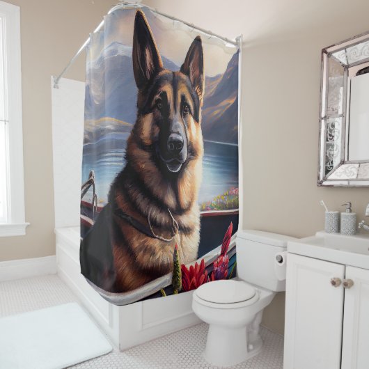 German Shepherd op een peddel: Een Schilderachtig  Douchegordijn (In situ)