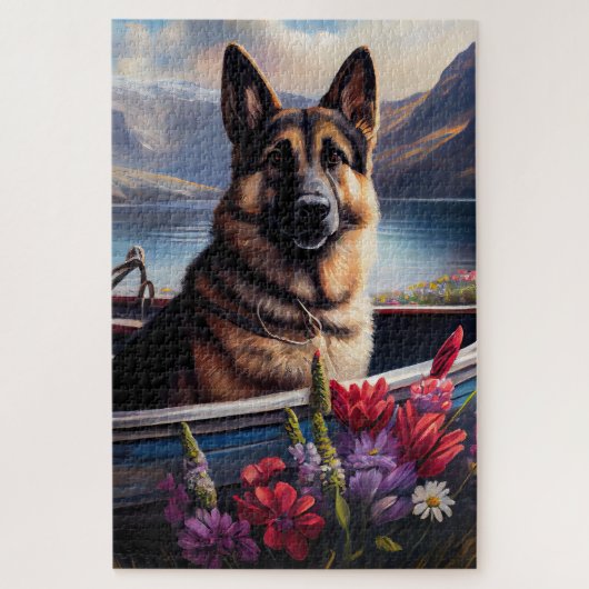German Shepherd op een peddel: Een Schilderachtig Legpuzzel (Verticaal)