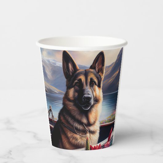 German Shepherd op een peddel: Een Schilderachtig  Papieren Bekers (Achterkant)