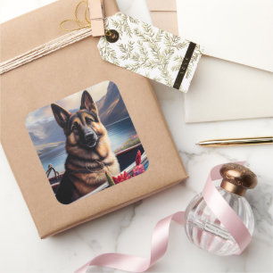 German Shepherd op een peddel: Een Schilderachtig  Vierkante Sticker