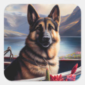 German Shepherd op een peddel: Een Schilderachtig  Vierkante Sticker (Voorkant)