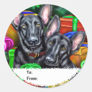 German Shepherd Open Gifts Blk kerstcadeaus Ronde Sticker
