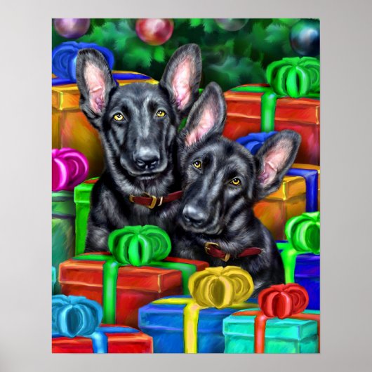 German Shepherd Open Gifts Blk Kerstmis Poster (Voorkant)
