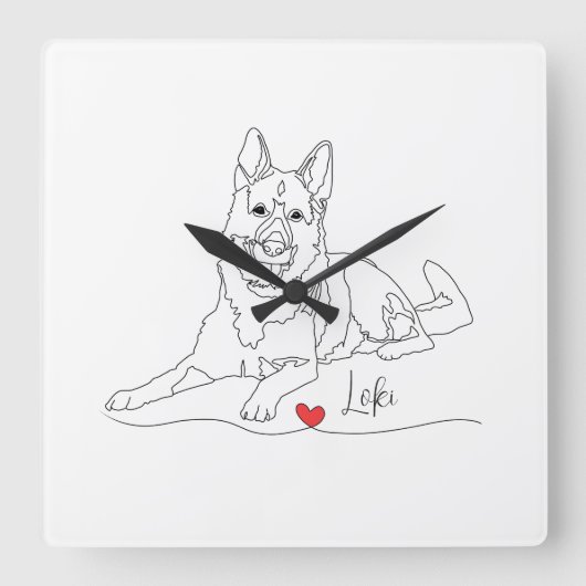 German Shepherd Pet Line Art with Name Vierkante Klok (Voorkant)
