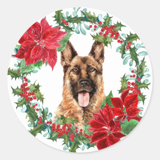 German Shepherd Poinsettia Holly Kerstmis Wreater Ronde Sticker (Voorkant)