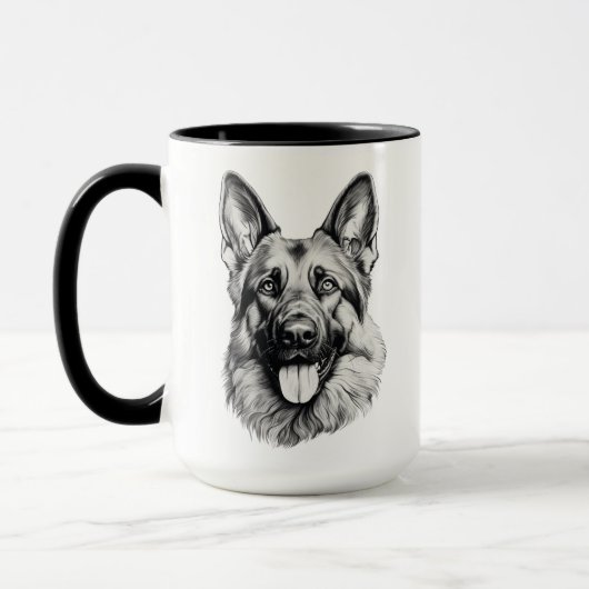 German Shepherd Portrait Black Accent Mug | B&W Mok (Links)