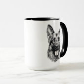 German Shepherd Portrait Black Accent Mug | B&W Mok (Voorkant rechts)