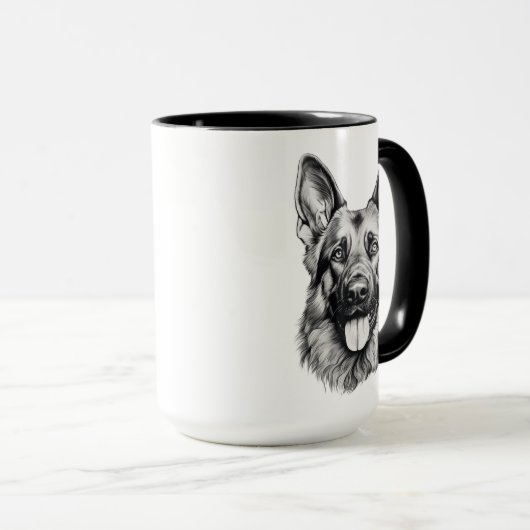 German Shepherd Portrait Black Accent Mug | B&W Mok (Voorkant rechts)