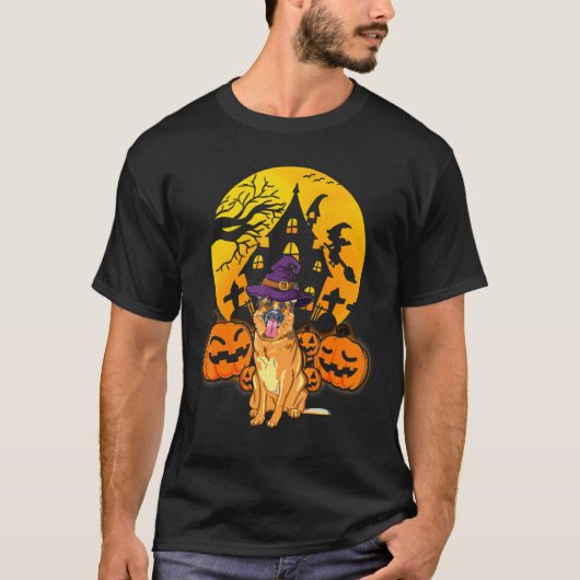 German Shepherd Pumpkin Witch Hat Halloween Costum T-shirt (Voorkant)