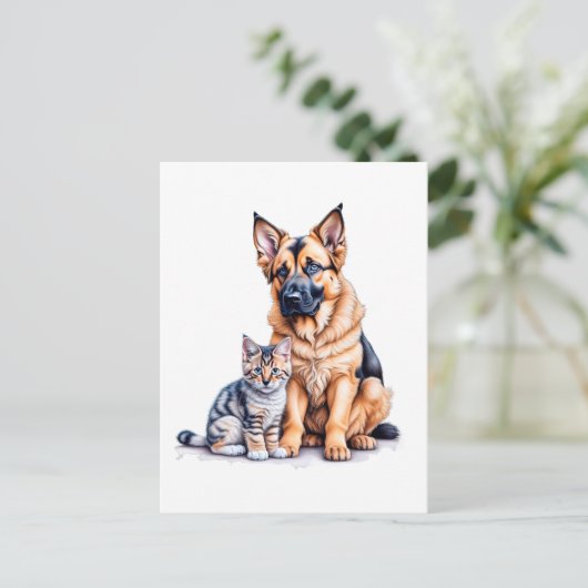 German Shepherd Puppy And Maincoon Kitten Briefkaart (Staand voorkant)