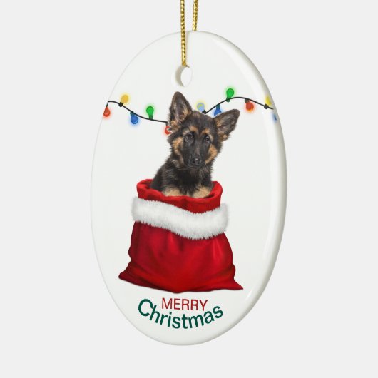 German Shepherd Puppy in Gift Bag Kerstmis Keramisch Ornament (Links)