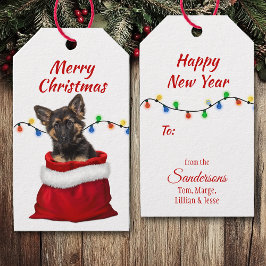 German Shepherd Puppy in Santa Bag Gift Labels Cadeaulabel