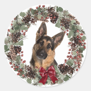 German Shepherd Red Bow Pinecone Wreater Kerstmis Ronde Sticker